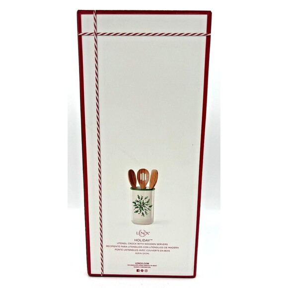 Lenox XMAS Holiday Utensil Crock w/3 Wooden Server Spoons Made for Macys NOS NIB - Picture 3 of 16